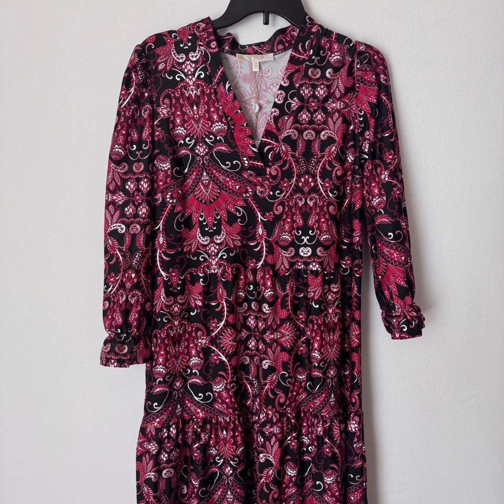 Jude Connally Tiered Midi Dress Women Medium Pink Black Paisley Boho NWT - Picture 10 of 11
